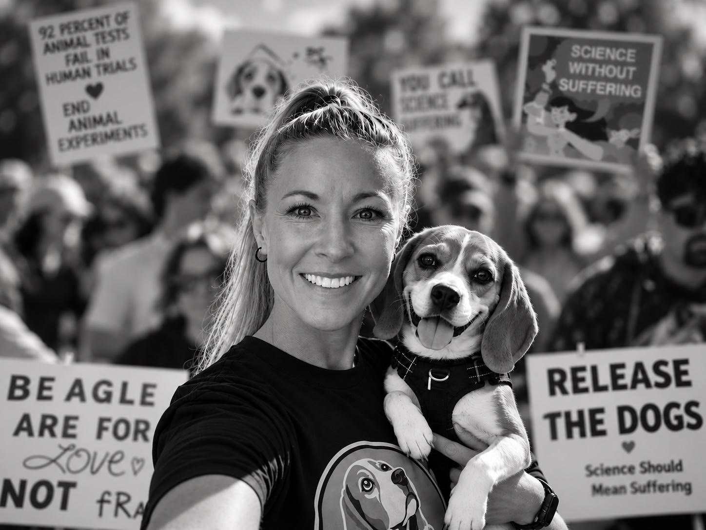 Ella Magers holding a beagle at an animal advocacy gathering