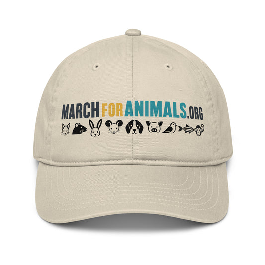 Oyster March for Animals organic cotton hat.