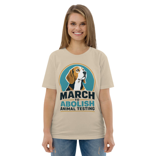 Model wearing a March to Abolish Animal Testing organic cotton T-shirt.