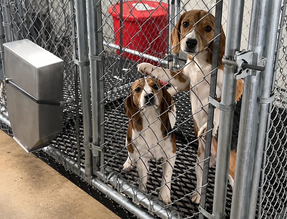 A beagle behind fencing.